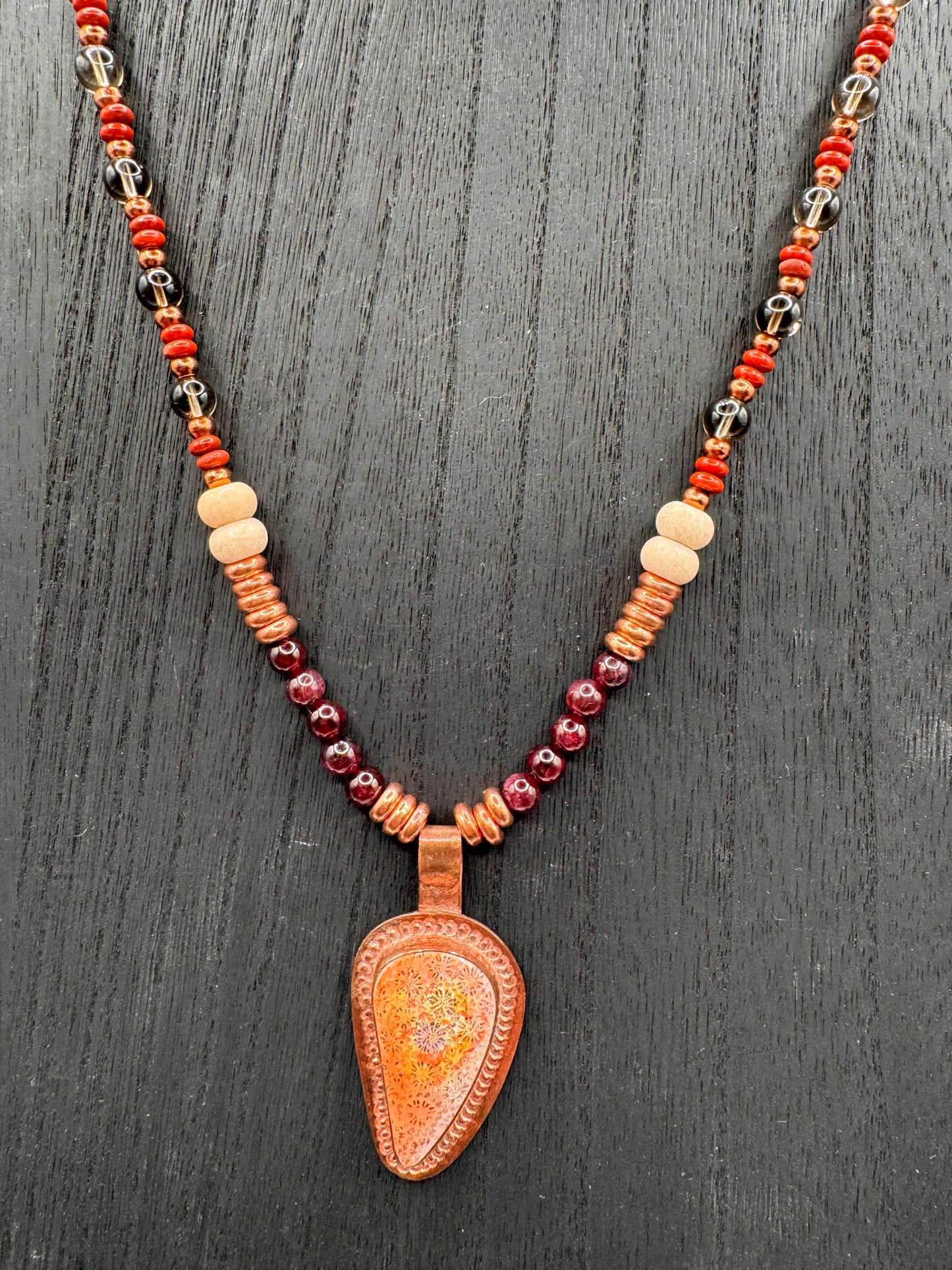 Elemental Force - Fossil, Fossil Agate, Garnet, Smoky Quartz, Copper and Brown Obsidian Necklace