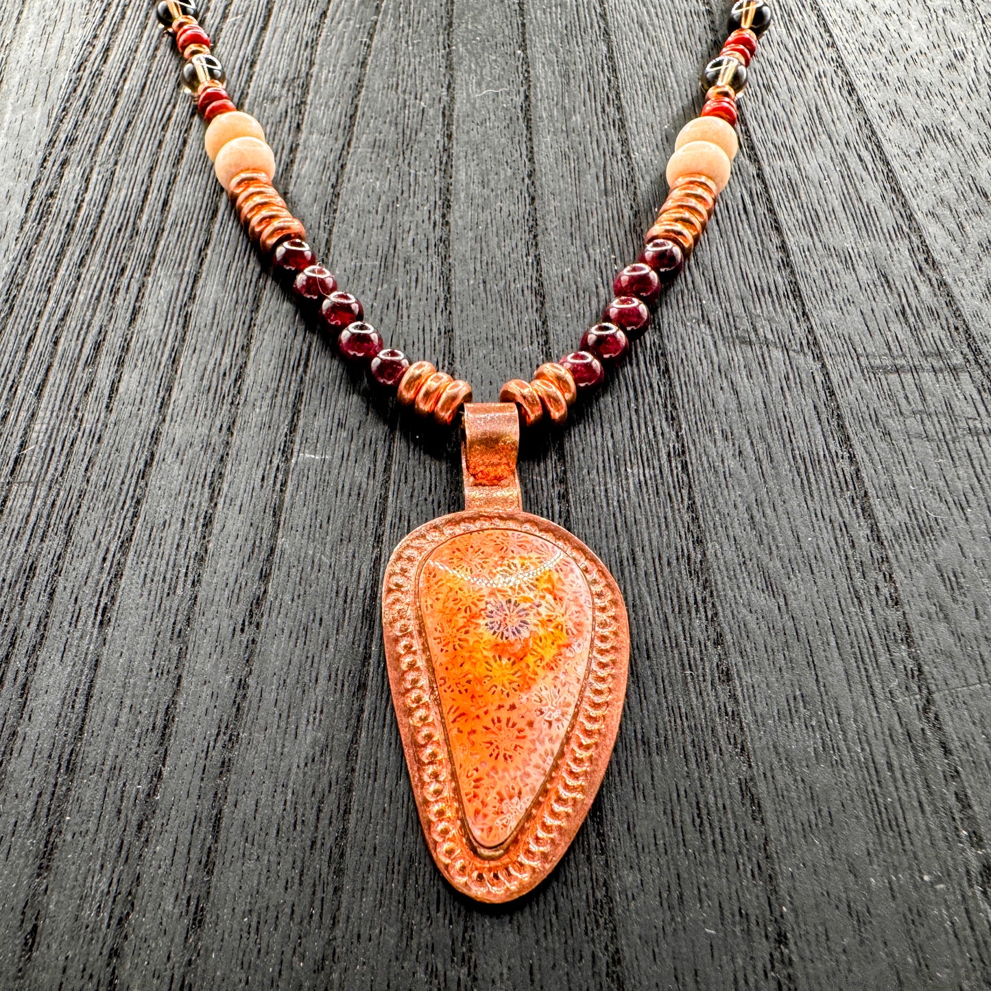 Elemental Force - Fossil, Fossil Agate, Garnet, Smoky Quartz, Copper and Brown Obsidian Necklace