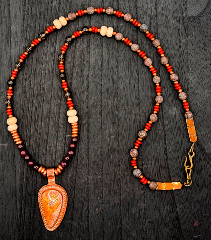 Elemental Force - Fossil, Fossil Agate, Garnet, Smoky Quartz, Copper and Brown Obsidian Necklace