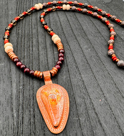 Elemental Force - Fossil, Fossil Agate, Garnet, Smoky Quartz, Copper and Brown Obsidian Necklace