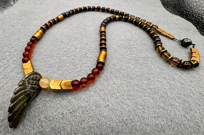 Primal Force of Fire - Baltic Amber, Garnet, Obsidian, Smoky Quartz, and Hawkeye Pendant Necklace