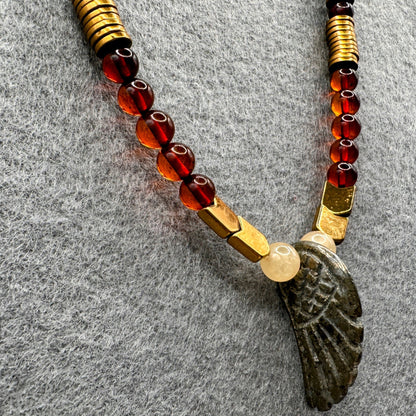 Primal Force of Fire - Baltic Amber, Garnet, Obsidian, Smoky Quartz, and Hawkeye Pendant Necklace