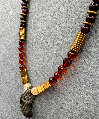 Primal Force of Fire - Baltic Amber, Garnet, Obsidian, Smoky Quartz, and Hawkeye Pendant Necklace